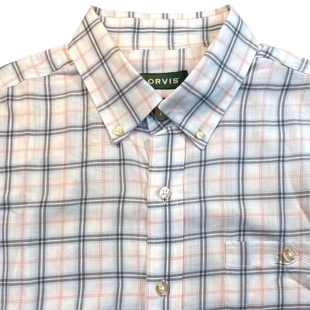 Orvis Plaid Button‎ Down Shirt Mens Size L Blue/White/Orange Casual Timeless EUC